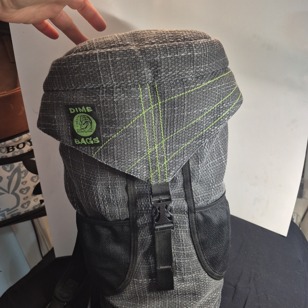 Gray Backpack with Green Stitching - image 1